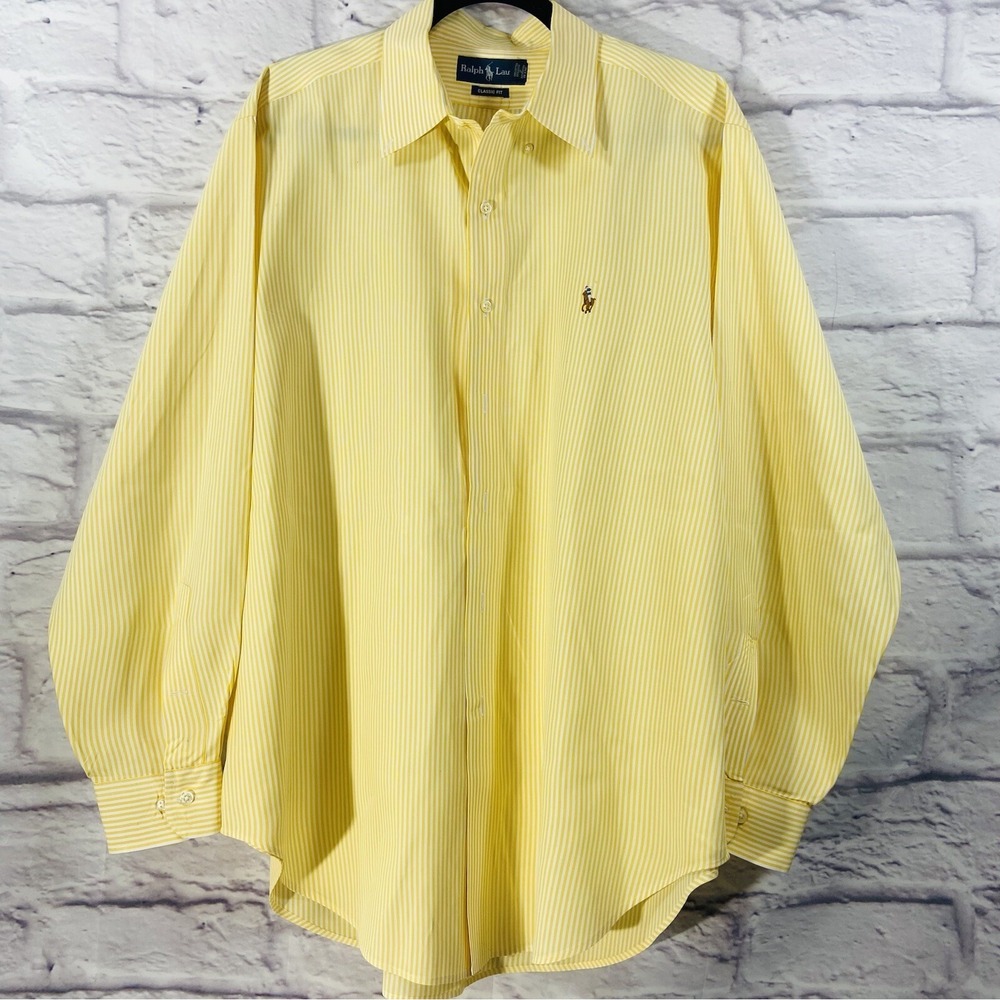 Polo Ralph Lauren Dress Shirt Mens 17.5 Yellow Classic Fit Button-Down Striped